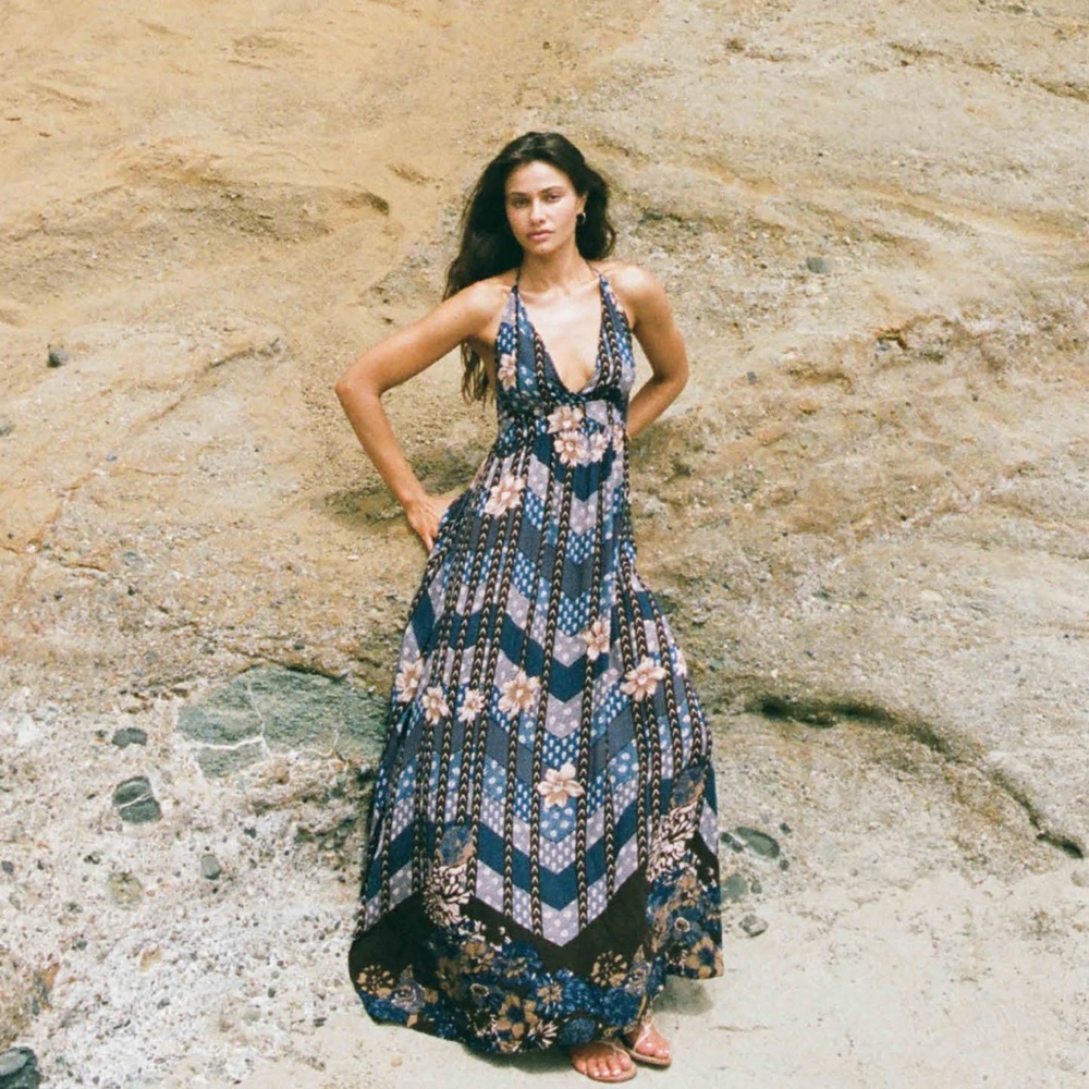 O'Neill Blue and Green Tiered Ruffled Halter Maxi Dress